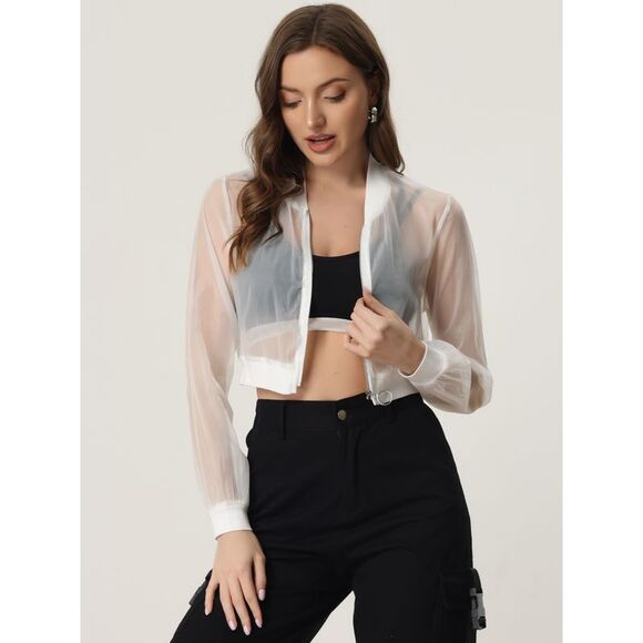 Bomber Jacket Long Sleeve Crop Mesh Sheer Jackets White - Picture 4 of 6